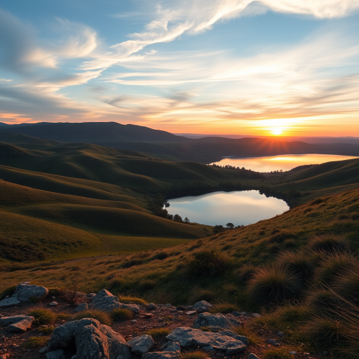Create a high-resolution image of a serene landscape with rolling hills, a calm lake reflecting the sky, and a vibrant sunset in the background, captured with a Canon EOS 5D Mark IV, 24mm lens, f/8 aperture, ISO 100, and a 1/60 second shutter speed, using a wide-angle view for depth and detail.