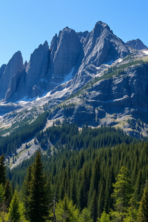 mountain landscape with rugged peaks and lush forest in the foreground, daytime with a clear blue sky, f/8 aperture, 1/250s shutter speed, ISO 100, wide-angle lens, DSLR camera, high-resolution image