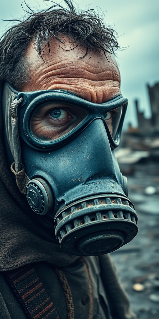 Create a highly detailed image of a rugged survivor wearing a worn-out gas mask, covered in dirt and grime, amidst a desolate landscape with ruins in the background; use a Canon EOS R5 with a 50mm f/1.2 lens, aperture set to f/2.8 for shallow depth of field, ISO 100 for clarity, and focus on the subject's intense expression to enhance the dramatic atmosphere.