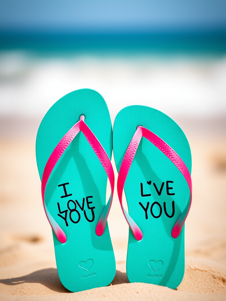 Create an image of turquoise flip-flops arranged side by side, each featuring a heart design and the text "I LOVE YOU", set against a vibrant beach background, shot with a DSLR camera at f/5.6, ISO 100, and 1/2000 sec exposure, using a shallow depth of field for a soft background blur.