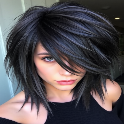 Smoky charcoal gray hair styled in edgy, textured layers with subtle purple lowlights, creating a mysterious and alluring "Twilight Haze" appearance