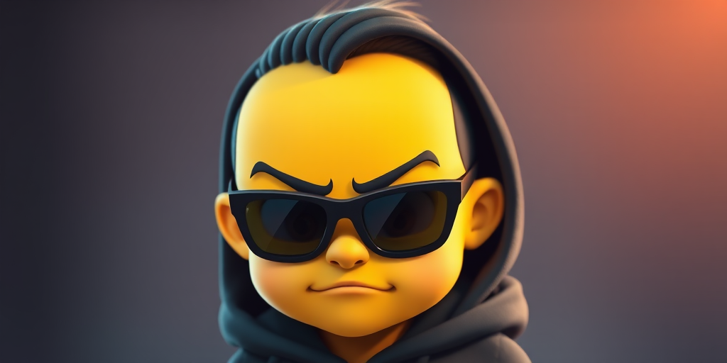Create a vibrant digital illustration of a cartoon character with a yellow face wearing dark sunglasses and a black hoodie, capturing a mischievous expression, with a soft-focus background; settings: aperture f/2.8, ISO 100, shutter speed 1/60s, using a high-resolution DSLR camera with a 50mm lens and a portrait style to enhance details.
