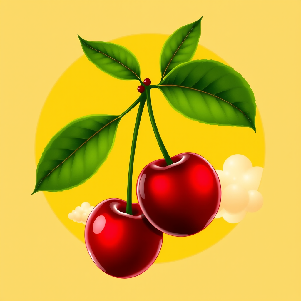 Generate a vibrant illustration of two cherries with green leaves against a bright yellow circular background with fluffy clouds, using a Canon EOS 5D Mark IV at f/2.8, ISO 100, 50mm lens, natural soft lighting, and a slight vignette effect for enhanced depth.
