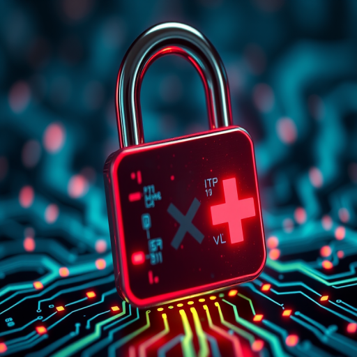 A futuristic digital padlock with a red cross symbol on a network of glowing circuits, captured with a DSLR camera at f/2.8, ISO 100, and a shutter speed of 1/200 sec, using a macro lens to emphasize details and a blurred background for depth.
