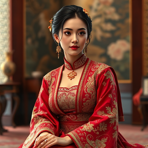 A beautiful Turkish woman in traditional East Asian attire, intricately detailed with embroidered patterns, sitting gracefully in a richly decorated room, soft ambient lighting, serene and elegant, ultra-realistic, 8K resolution