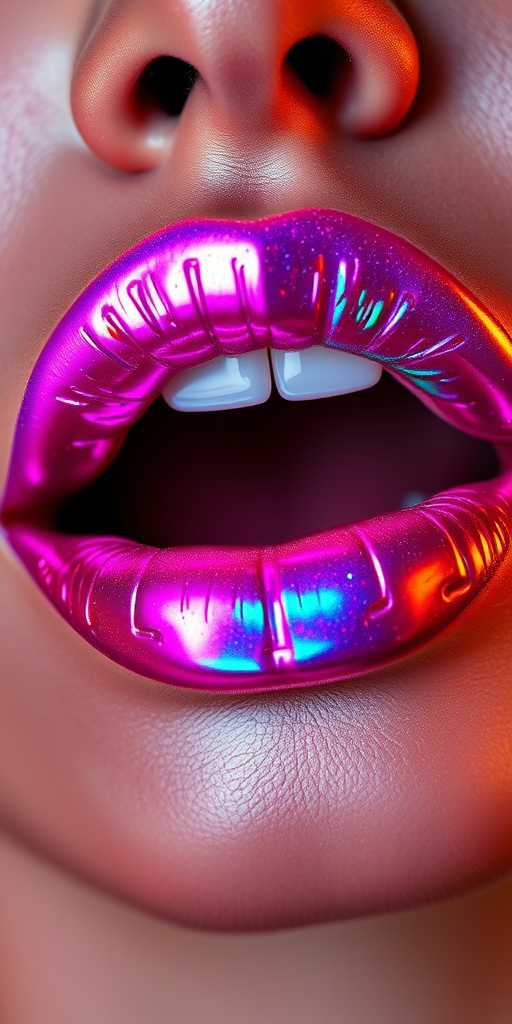 Dazzling holographic lips shift colors with every movement, creating a mesmerizing rainbow effect that captivates viewers and pushes the boundaries of lip artistry