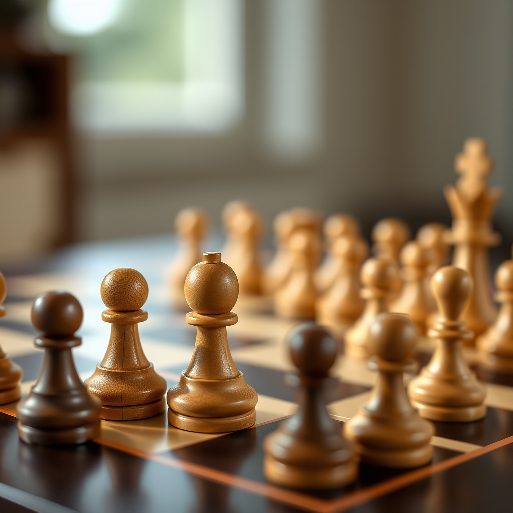 regenerate a close-up image of a chessboard with a focus on wooden chess pieces, shallow depth of field, aperture f/2.8, ISO 100, 50mm lens, soft natural lighting, captured with a DSLR camera