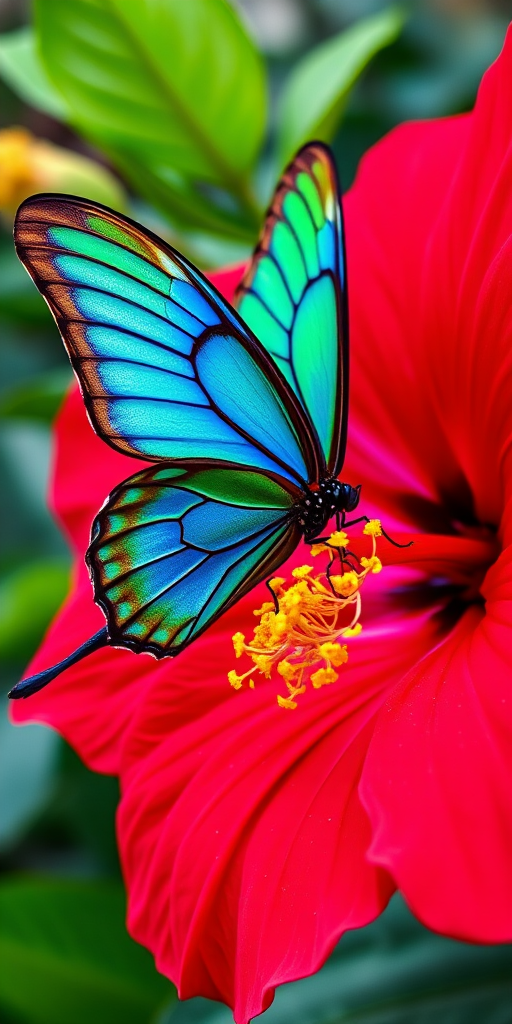 Generate an image of a vibrant butterfly with blue and green wings perched on a large red hibiscus flower. The background should emphasize the rich red petals of the flower, creating a striking contrast with the butterfly.