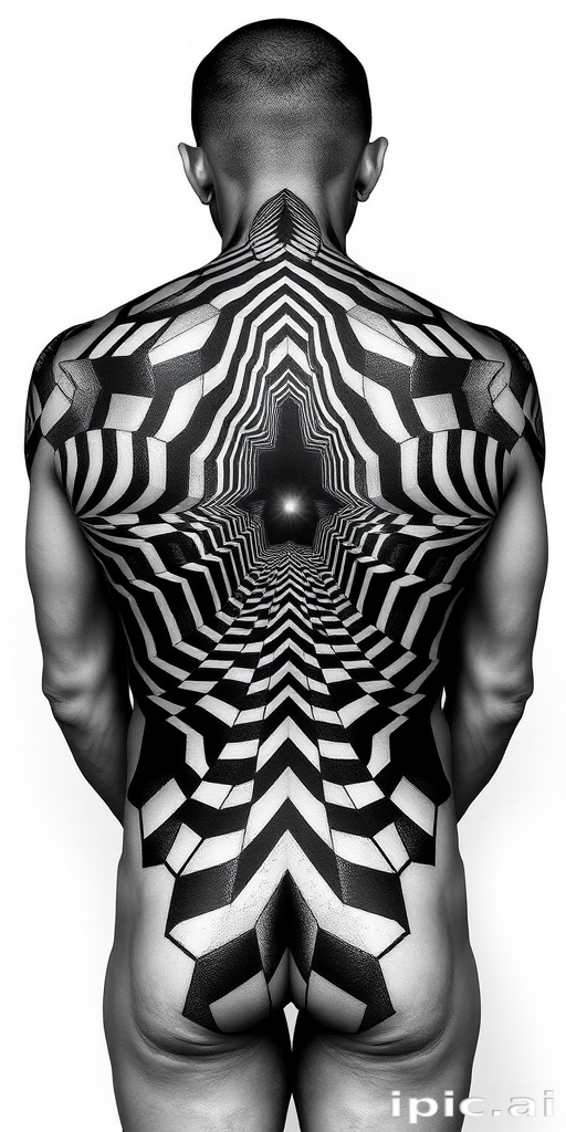 Mesmerizing optical illusion body tattoo covering the entire back, creating a three-dimensional effect with precise linework and shading in stark black and white