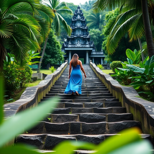 capture a woman in a flowing blue dress walking up the stone steps in a lush tropical setting with a temple in the background, use a Canon EOS R5, 50mm f/1.8 lens, ISO 200, aperture f/2.8, shutter speed 1/250s, natural lighting, focus on depth of field with a slight bokeh effect in the foreground.