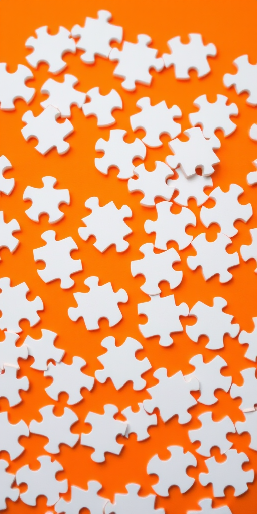 Create an image of scattered white puzzle pieces on a vibrant orange background with a shallow depth of field, using a macro lens at f/2.8, shutter speed 1/125s, ISO 100, captured from a top-down aerial view with a digital single-lens reflex camera.