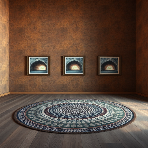 Regenerate the image of an empty room with textured brown walls featuring three framed pictures of stone tunnels, a circular patterned rug in the center, using a DSLR camera with a 24mm lens, aperture f/8, ISO 100, HDR technique, and a wide-angle view.