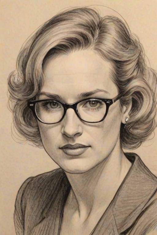 Wonderful Drew Brees, pencil sketch, portrait of Bewitching woman 1938s in glasses, hair style beatnik, outline, clear lines, fine lines, 8k