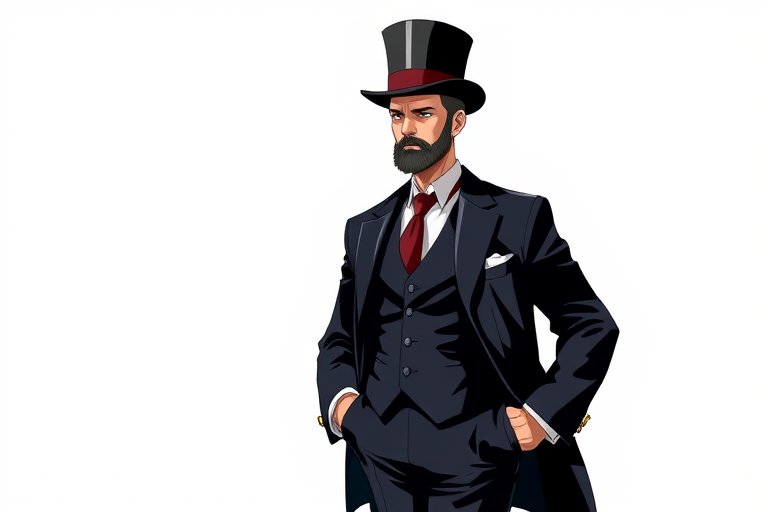 Create a high-resolution illustration of a distinguished gentleman in formal attire with a top hat, standing confidently with one leg crossed over the other, using a DSLR camera at 50mm focal length, aperture f/1.8, ISO 100, in natural lighting, with a slight vignette effect for emphasis.