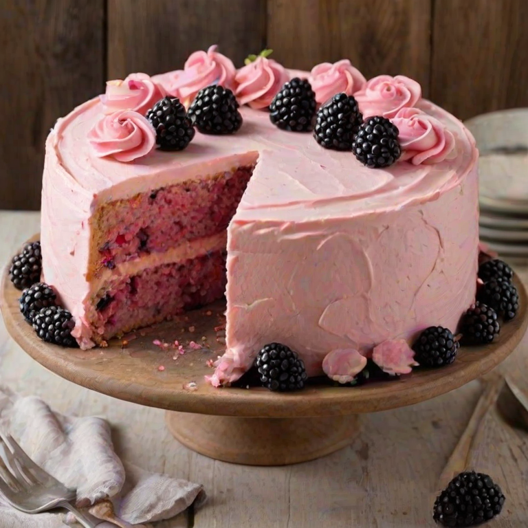 Create an image of a round cake with a smooth pink frosting. The top of the cake should be decorated with pink frosting roses and fresh blackberries. Add a light sprinkle of sugar on top and place the cake on a white cake stand. The background should feature a rustic wooden surface.