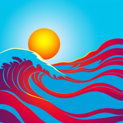 Create a vibrant digital illustration of a sun over a stylized wavy sea with a bright blue background and bold red wave patterns, using a digital camera with a wide-angle lens at f/8, ISO 100, and 1/200s shutter speed for optimal clarity and color depth.
