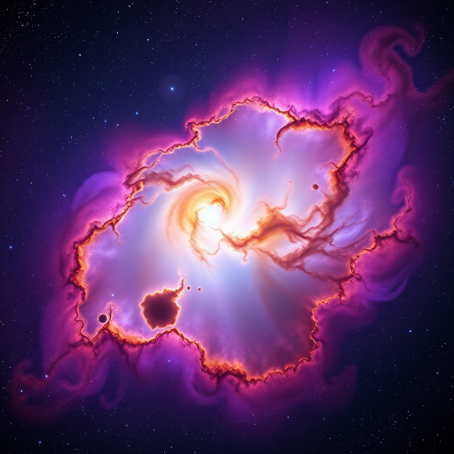 generate a vibrant cosmic nebula with a bright explosion of light at the center, deep purples and blues swirling with golden highlights, captured with a wide-angle lens at f/2.8, ISO 400, 30 seconds exposure time, using a DSLR camera for enhanced clarity and detail in the stars and gaseous clouds.