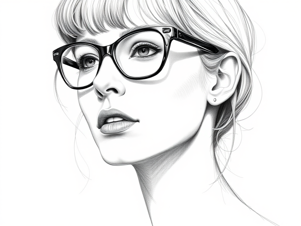 Beautiful Cate Blanchett, pencil sketch, portrait of beautiful woman 60s in glasses, hair style beatnik, outline, clear lines, fine lines, 8k