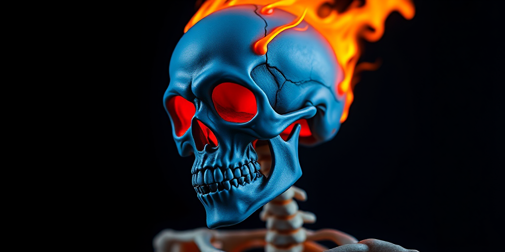 Create a detailed digital artwork of a stylized skeleton with a blue skull and fiery orange flames emanating from its head, using a Canon EOS R5, 50mm lens, f/1.8 aperture, ISO 100, and a high dynamic range for enhanced detail and vibrancy, in a close-up shot with a dark background for contrast.