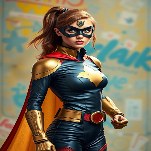 Generate an image of a heroic female character in a stylized superhero costume, full body view, using a DSLR camera with a 50mm lens, aperture set to f/2.8 for a shallow depth of field, ISO 100, and a soft diffused light source to enhance details and colors while maintaining a vibrant background.