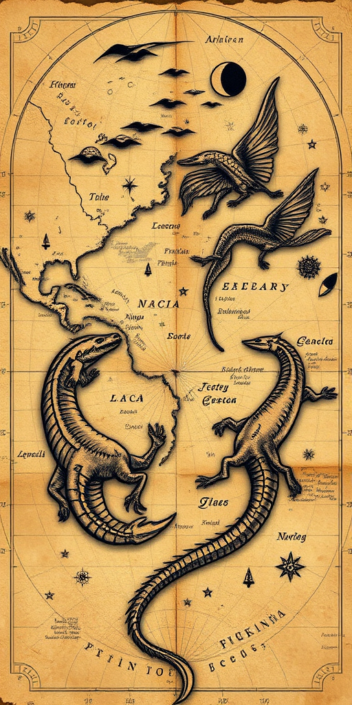 Vintage map tattoo featuring aged parchment texture, intricate cartography details, and mythical sea creatures, rendered in sepia tones with subtle color accents for an authentic explorer aesthetic