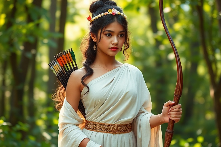 Create a portrait of a goddess-like Nepali girl figure in a tranquil, forested environment. She has an elegant appearance with long, wavy hair styled in an updo and adorned with a delicate, floral headband. She wears a flowing, ancient Greek-inspired gown in a soft, pale color, featuring a one-shoulder design and draped fabric that accentuates her graceful form. The outfit includes a decorative belt with ornate gold detailing, and she holds a bow in her hand, with a quiver of arrows slung over her shoulder. The background depicts lush greenery, with sunlight filtering through the trees, casting a gentle, ethereal light on the scene. Her expression is calm and contemplative, embodying a sense of wisdom and serenity.
