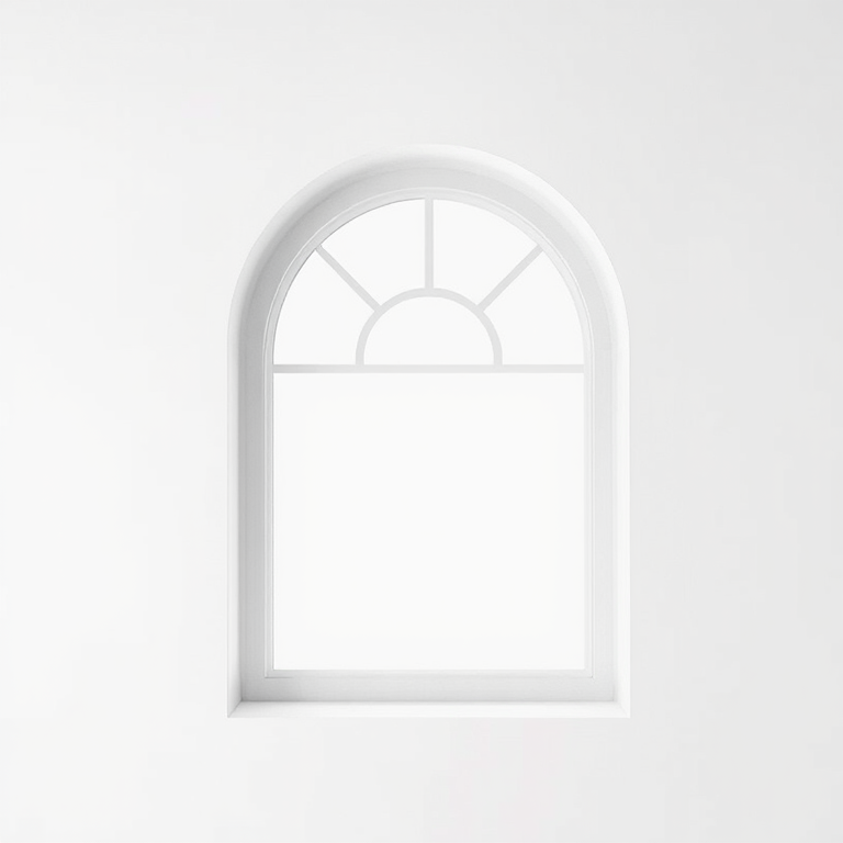 Regenerate an image of a simple arched window design with a clean white background, use a DSLR camera, aperture f/5.6, shutter speed 1/125 sec, ISO 100, shot from a front view, in a minimalistic style.