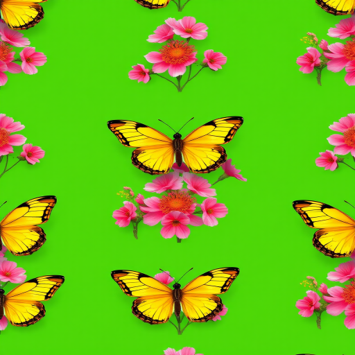 generate a high-resolution repeating pattern of yellow butterflies and pink flowers on a green background, use a DSLR camera with a 50mm f/1.8 lens, aperture set to f/8, ISO 100, shot in macro mode for intricate details, use a soft natural light to enhance colors and textures
