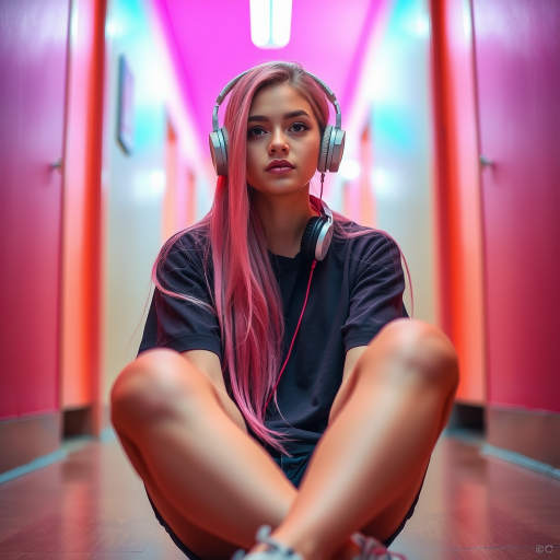 A young woman with long pink hair and headphones sitting casually in a neon-lit hallway, camera settings: f/1.8 aperture, ISO 100, 1/60s shutter speed, camera view: low angle, camera style: vibrant colors with high contrast, camera type: DSLR.