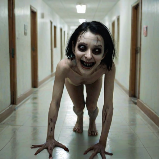 a crooked female with long arms and a creepy smile is crawling along a long white corridor and you can also see cockroaches in it there is a creepy atmosphere creepy art style
