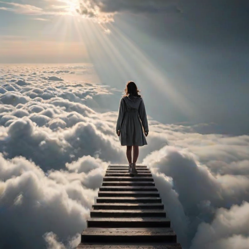 a person walking on a staircase made of light above the clouds, with a serene and ethereal atmosphere surrounding them, light breaking through the clouds from above