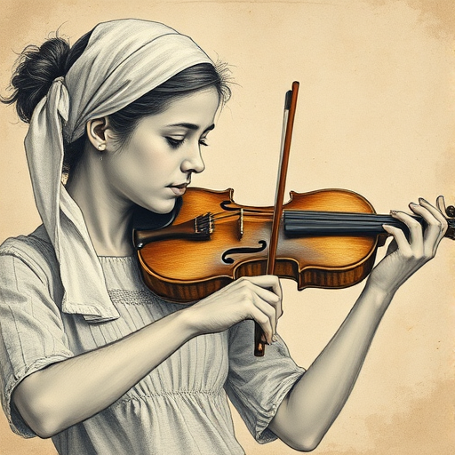 a young Mizrahi woman with a white headband playing a violin, in the style of a charcoal drawing, sepia grunge background