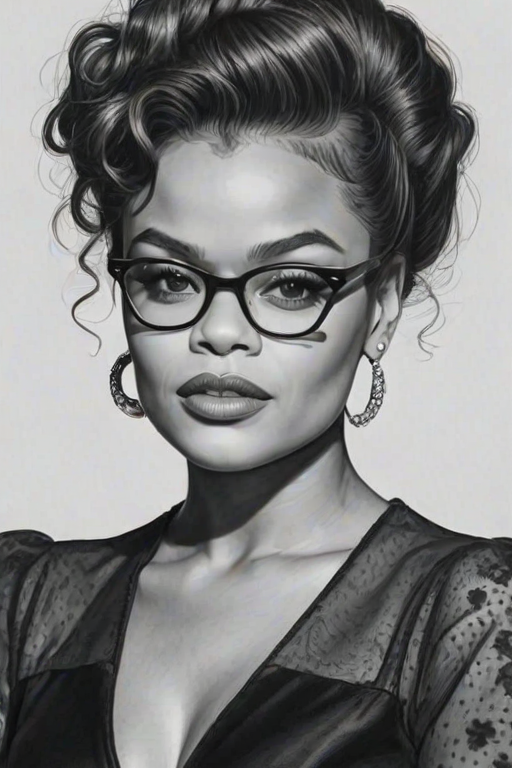Bewitching Andra Day, pencil sketch, portrait of Stunning woman 1956s in glasses, hair style beatnik, outline, clear lines, fine lines, 8k