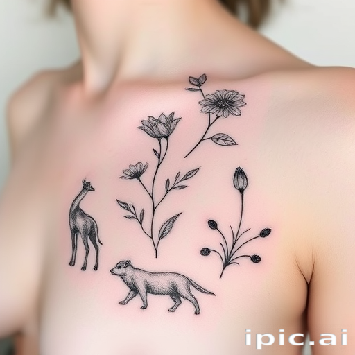 Minimalist fine line tattoo entitled "Whispered Silhouettes" depicting a series of delicate continuous line drawings portraying various natural elements such as flowers leaves and animals intertwining gracefully across the skin with ultra-thin needlework creating an almost invisible appearance from a distance but revealing intricate details up close resembling a pencil sketch brought to life on the canvas of human flesh