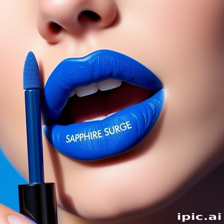 Electric blue matte liquid lipstick named "Sapphire Surge" with a ultra-long-wearing formula and a precise applicator for sharp, defined edges