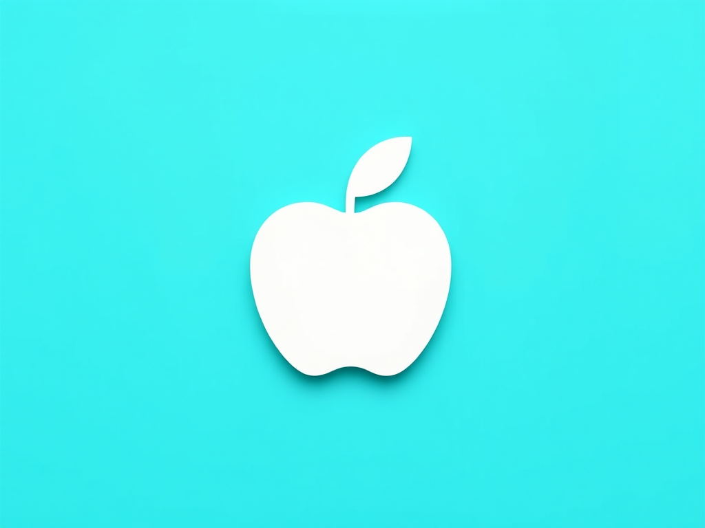 Create a high-resolution logo featuring a minimalist white apple on a turquoise background, using a 50mm lens with f/1.8 aperture, shot from a top-down angle with soft lighting to enhance detail and contrast, using a DSLR camera for optimal quality.