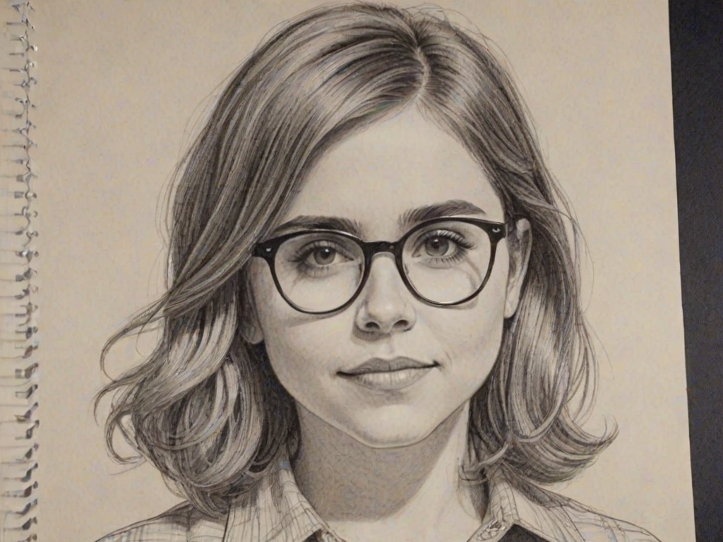 Pleasing Mae Whitman, pencil sketch, portrait of Radiant woman 1972s in glasses, hair style beatnik, outline, clear lines, fine lines, 8k
