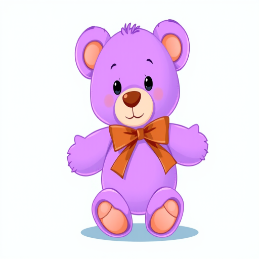 A digital illustration of a cute purple teddy bear with a brown ribbon, depicted from a slightly elevated angle, using vibrant colors and smooth gradients, captured with a virtual DSLR camera setting at f/2.8 for shallow depth of field, ISO 100 for maximum clarity, and a resolution of 300 dpi to enhance image quality.