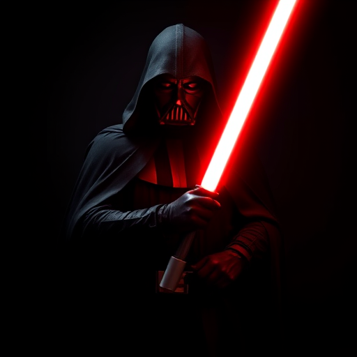 Generate an image of a dark, imposing figure in a black cape holding a glowing red lightsaber, captured with a DSLR camera at f/2.8 aperture, ISO 100, 50mm lens, in low-key lighting with a dramatic spotlight effect to enhance shadows and highlights.