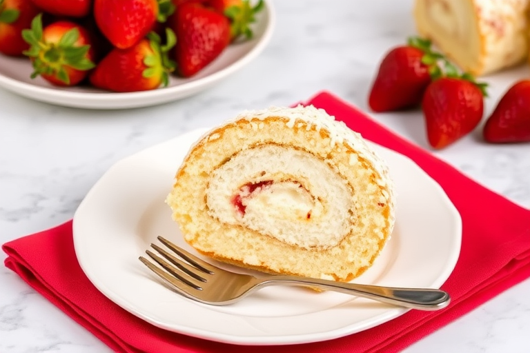 A slice of coconut roll cake on a white plate with a silver fork beside it on a red napkin, fresh strawberries in the background, and a marble countertop.