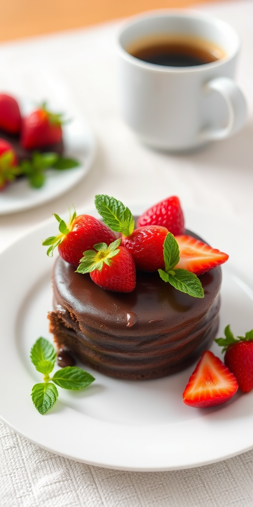 Chocolate cake topped with fresh strawberries and mint leaves served on a white plate with a cup of coffee in the background on a textured tablecloth.