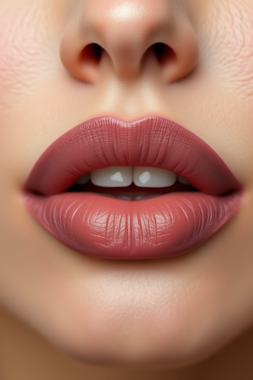 Elegant matte mauve lips with subtle ombre effect, perfectly defined cupid's bow, soft and velvety texture, understated yet sophisticated Dusty Rose Dream look