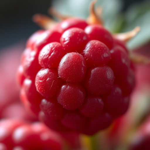 Create a hyper-realistic close-up image of a fresh raspberry with detailed textures, soft lighting, and a blurred background; use a DSLR camera with a 50mm lens, aperture f/2.8, ISO 100, and a shallow depth of field for enhanced image quality.