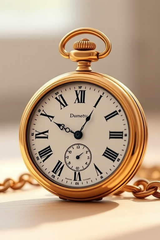 Create a hyper-realistic illustration of a vintage pocket watch with a gold finish, featuring Roman numerals and an elegant design, captured in soft diffused natural light, with a shallow depth of field, using a DSLR camera at f/2.8, ISO 100, and 50mm lens.