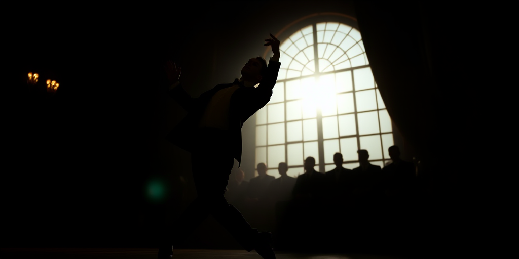 Create a high-contrast silhouette of a dancer in a tuxedo performing a dynamic pose, shot with a Canon EOS R5 at f/1.8, ISO 100, 1/250s shutter speed, from a low angle perspective, using a cinematic style.