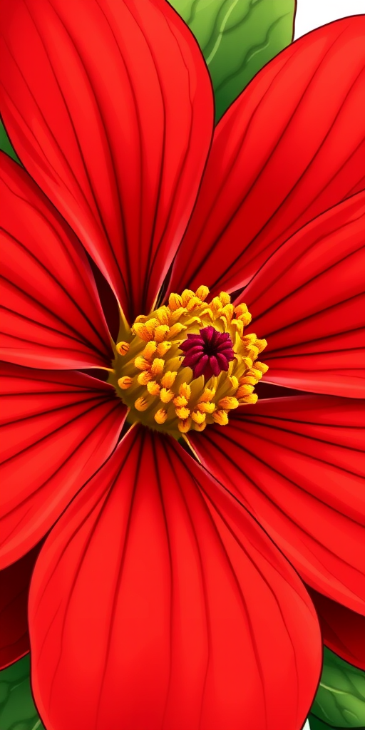 Create a vibrant illustration of a red flower with a yellow center, showcasing detailed petals and green leaves, captured with a DSLR camera at f/4, ISO 200, 50mm lens, in macro view for enhanced details and clarity.