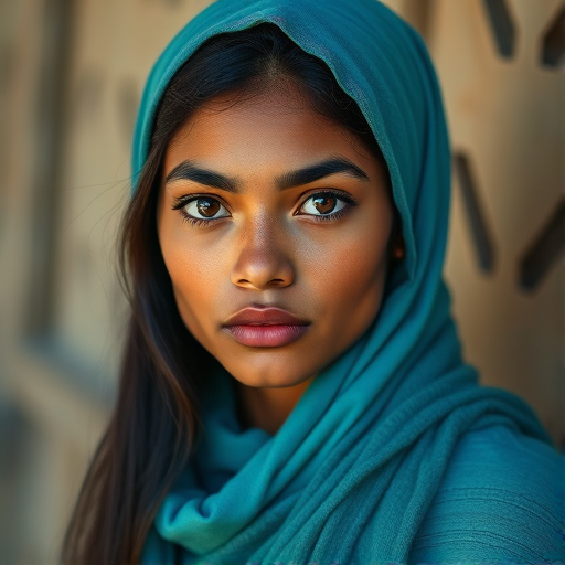 Create a portrait of a young Tahitian woman with long, dark hair and captivating hazel eyes. She is wearing a cyan headscarf and a matching scarf draped gracefully around her neck. The background is softly blurred, focusing attention on her serene and natural expression. The overall color palette is muted and warm, enhancing the intimate and authentic feel of the portrait.