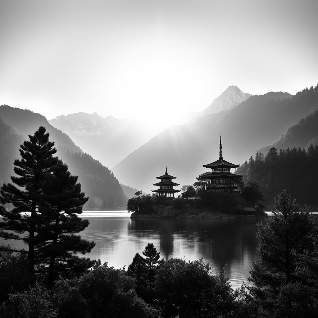 Create a high-resolution black and white landscape image of a serene mountain scenery with a traditional pagoda on an island, surrounded by pine trees and a still lake, with a bright sun in the background, using a DSLR camera, f/8 aperture, 24mm lens, ISO 100, and soft focus for a dreamy effect.