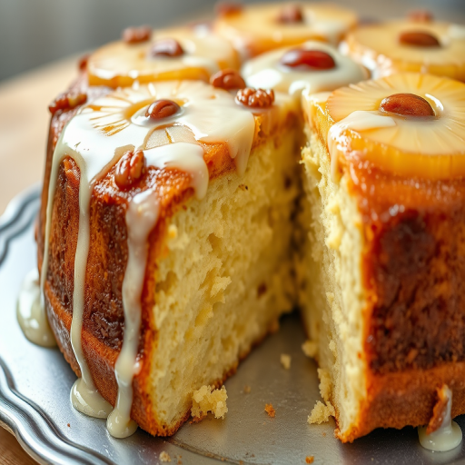 A close-up of a deliciously moist pineapple upside-down cake topped with a creamy glaze and crunchy nuts, showcasing a slice cut out revealing the soft interior, all presented on a silver plate with a blurred background.