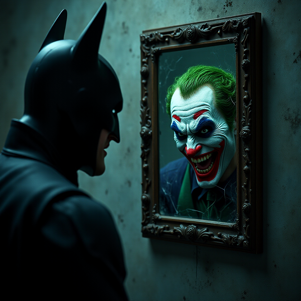 Merging elements of Batman and The Joker, this character portrays an evil, maniacal laughter, a sinister grin, and piercing eyes, accompanied by inhumanly sharp fangs. In a half-body portrait, Batman appears maniacal, gazing into a shattered mirror, his image rendered in Todd Phillips' unique style. The scene exudes an atmosphere of darkness, horror, and intense drama, with dramatic lighting and high-quality, hyper-realistic visuals. Inspired by the style of illusory wallpaper portraits, the image showcases colorful realism, exceptional attention to detail, and intricate hidden elements. The UHD, 8K resolution delivers a stunning image, combining realism and vibrant colors for an immersive, intense experience.